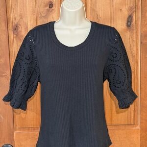 Design History Black, ribbed and eyelet lace puff sleeve top